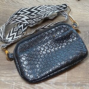 Black Croc-Embossed Crossbody Bag with Patterned Strap